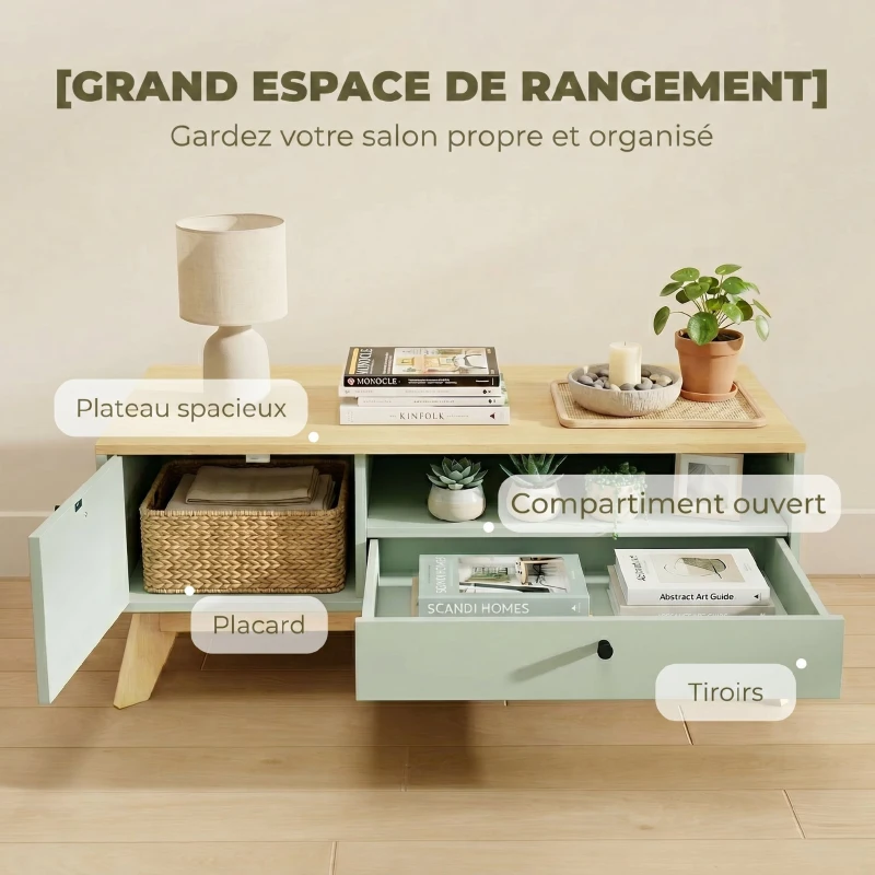 HOMCOM Table basse de salon, table d'appoint rectangulaire avec tiroir, porte et compartiment ouvert, vert clair et chêne
