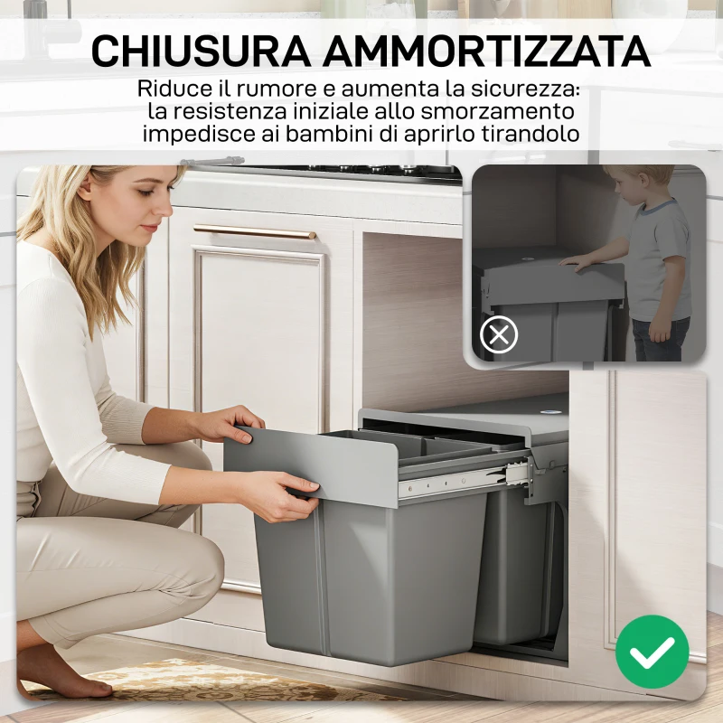 HOMCOM Pattumiera Estraibile Sottolavello da 31L con 3 Secchi Rimovibili e Piano Superiore, Grigio Chiaro