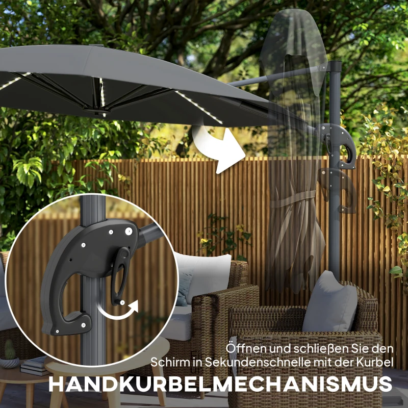 Outsunny Alu Ampelschirm LED Solar Ø300 cm höhenverstellbar Sonnenschirm mit Kurbel Ständer UV50+ Dunkelgrau