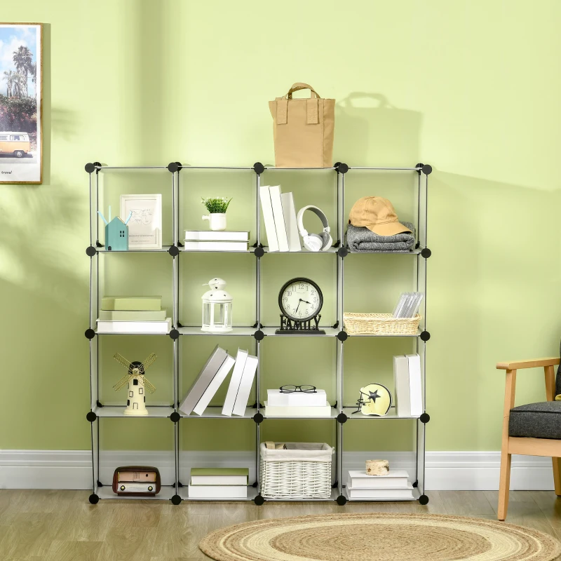 HOMCOM Armario Modular de Plástico Zapatero Organizador con 16 Cubos para Entrada Pasillo Dormitorio 125x32x125 cm Transparente