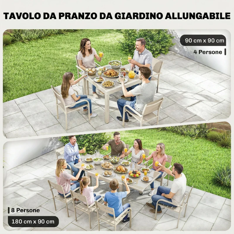 Outsunny Tavolo da Giardino Allungabile in Alluminio con Piano a Ribalta in Vetro Temperato, 90-180x90x75 cm, Crema