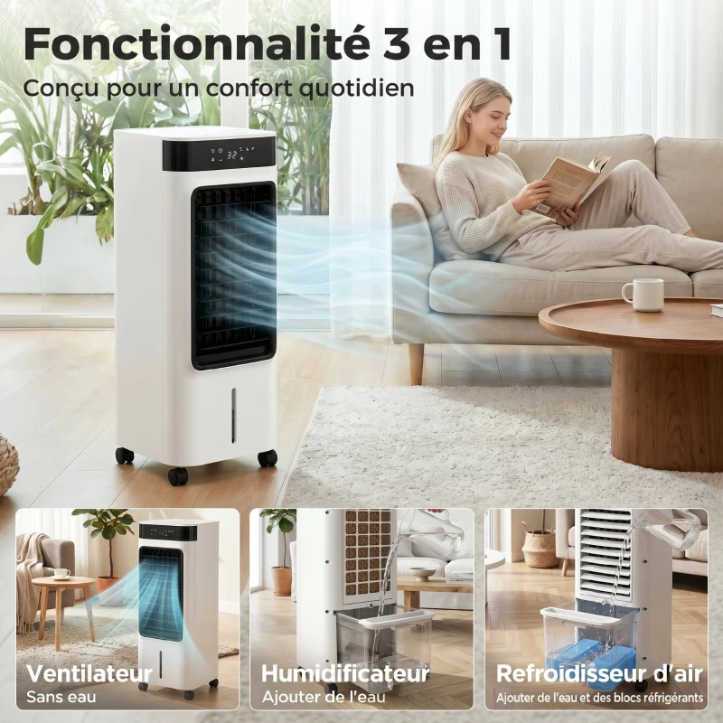 HOMCOM Refroidisseur d'air portable 3 en 1 refroidisseur humidificateur et ventilateur, 3 vitesses 3 modes, blanc