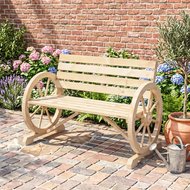 Outsunny Wagon Wheel Chair Bench Armrest Rustic Loveseat Wood Outdoor Garden, Natural