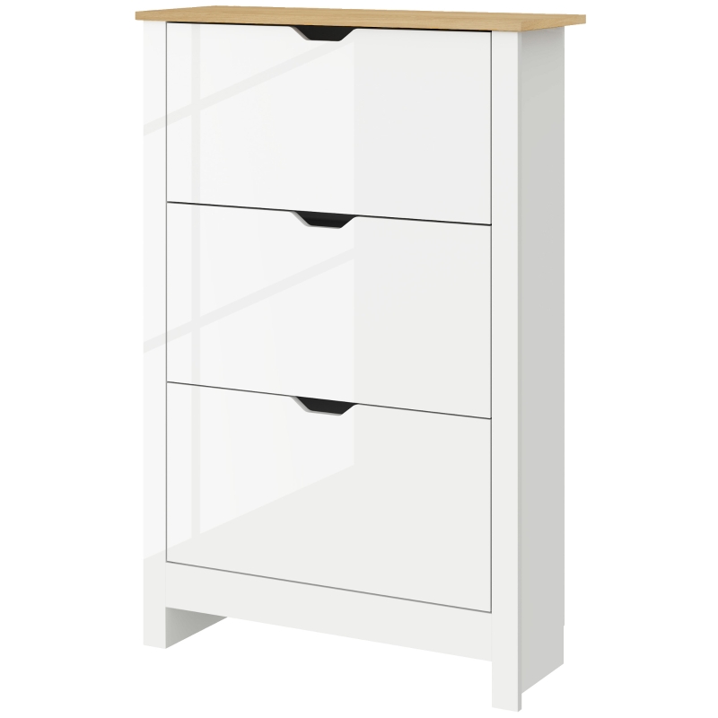 HOMCOM Slim Shoe Cabinet, Narrow Shoe Cupboard with 3 Flip Drawers, Adjustable Shelves for 18 Pairs of Shoes, High Gloss White