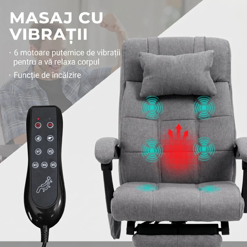 Vinsetto Scaun de Birou Reclinabil și Încălzit cu 6 Puncte de Masaj și 5 Moduri, Gri(m-4)