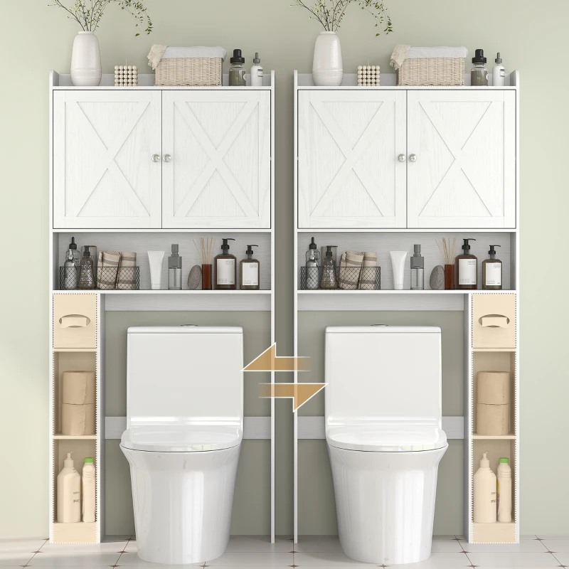 HOMCOM Meuble WC dessus de toilette avec placard à porte de grange, étagère réglable, compartiments et porte-papier, blanc