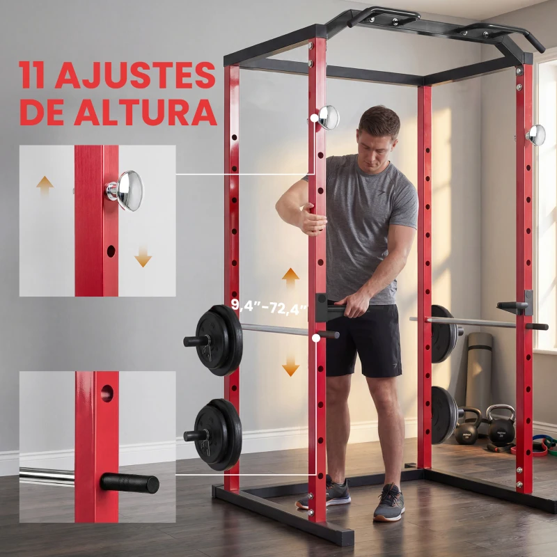 SPORTNOW Jaula de Potencia Rack de Sentadillas con Barra Dominadas Estación de Fondos Ajustable para Casa Gimnasio Carga 460 kg