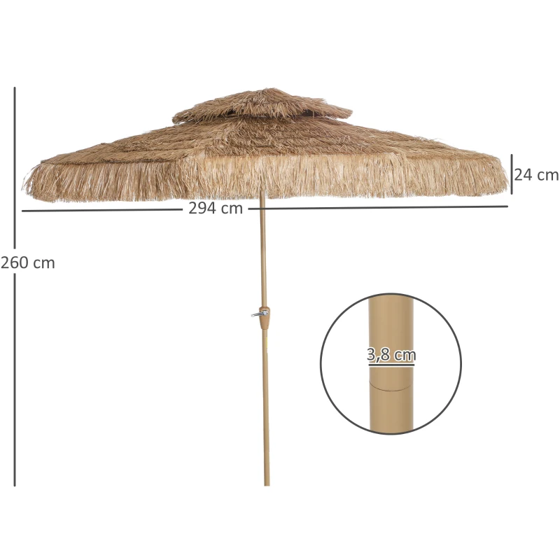 Outsunny Parasol de jardin extérieur en paille Ø 294 cm parasol droit mat 8 baleines en métal protection UV avec manivelle jaune