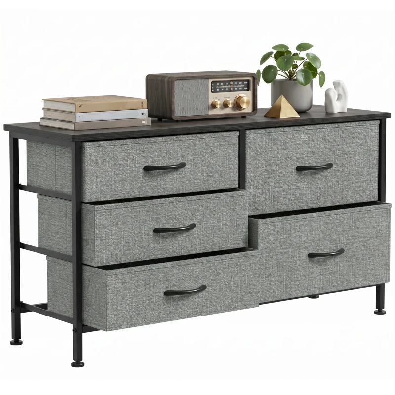 HOMCOM Cómoda con 5 Cajones de Tela Cómoda para Dormitorio Marco de Acero Cajonera para Salón Oficina Gris Oscuro y Negro