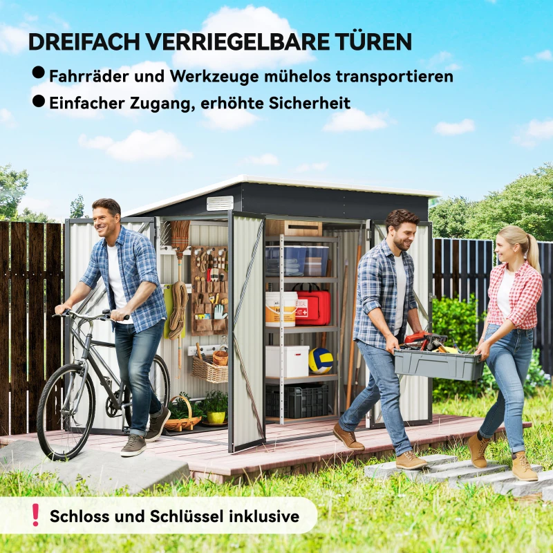 Outsunny Metall Gerätehaus 2,68 m², abschließbar Geräteschuppen mit 3 Türen Lüftung Pultdach Handschuhen