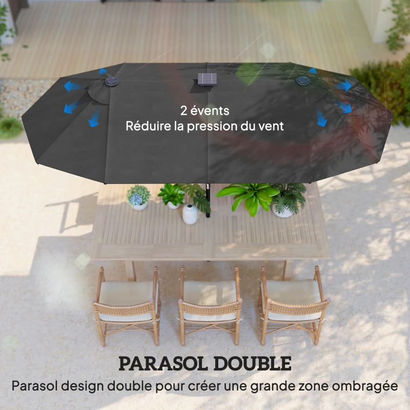 Outsunny Parasol de jardin double 3 x 1,5 m, parasol de jardin extérieur avec éclairage solaire, manivelle et 2 aérations, gris