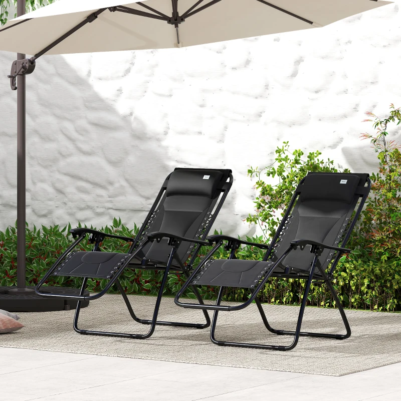 Outsunny Zero Gravity Lounger Chair Set of 2, Folding Reclining Patio Chair with Padded Seat, Cup Holder, Soft Cushion and Headrest for Poolside, Camping, Black