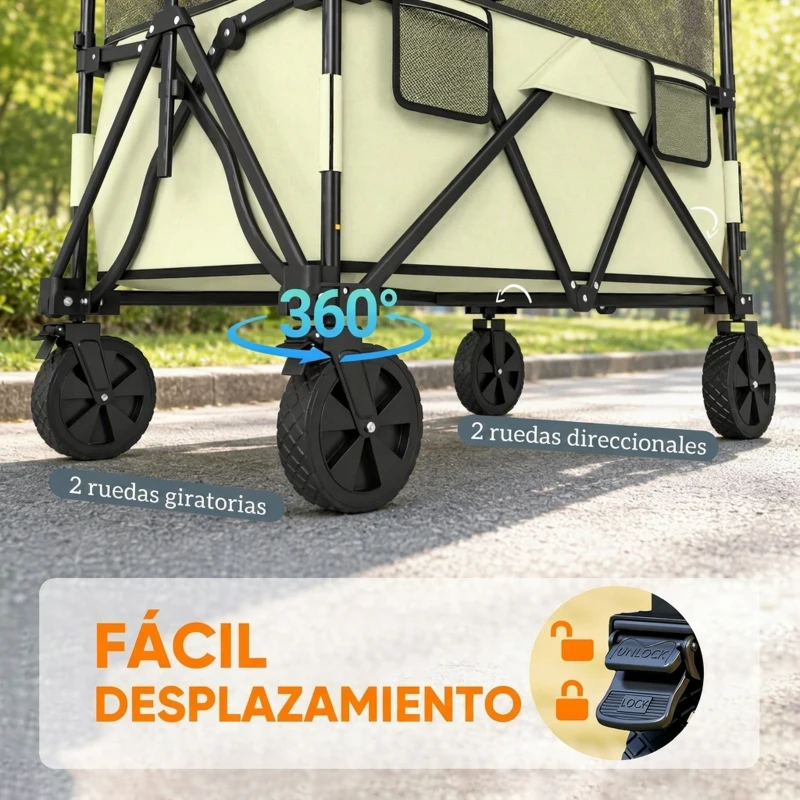 Outsunny Carro Plegable 180 L con Longitud y Ángulo del Mango Ajustables y Paredes Laterales Extensibles Carga 120 kg Caqui