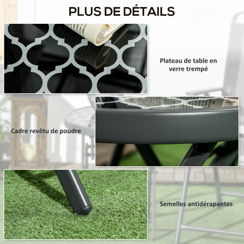 Outsunny Table basse pliante table d'appoint pliante plateau en verre trempé motifs noirs et blancs en métal Ø 45 x 50 cm noir