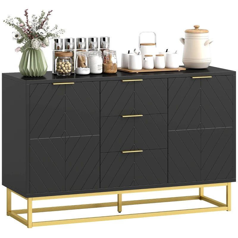 HOMCOM Buffet design contemporain graphique 2 placards porte étagères réglables 3 tiroirs coulissants en bois noir métal doré