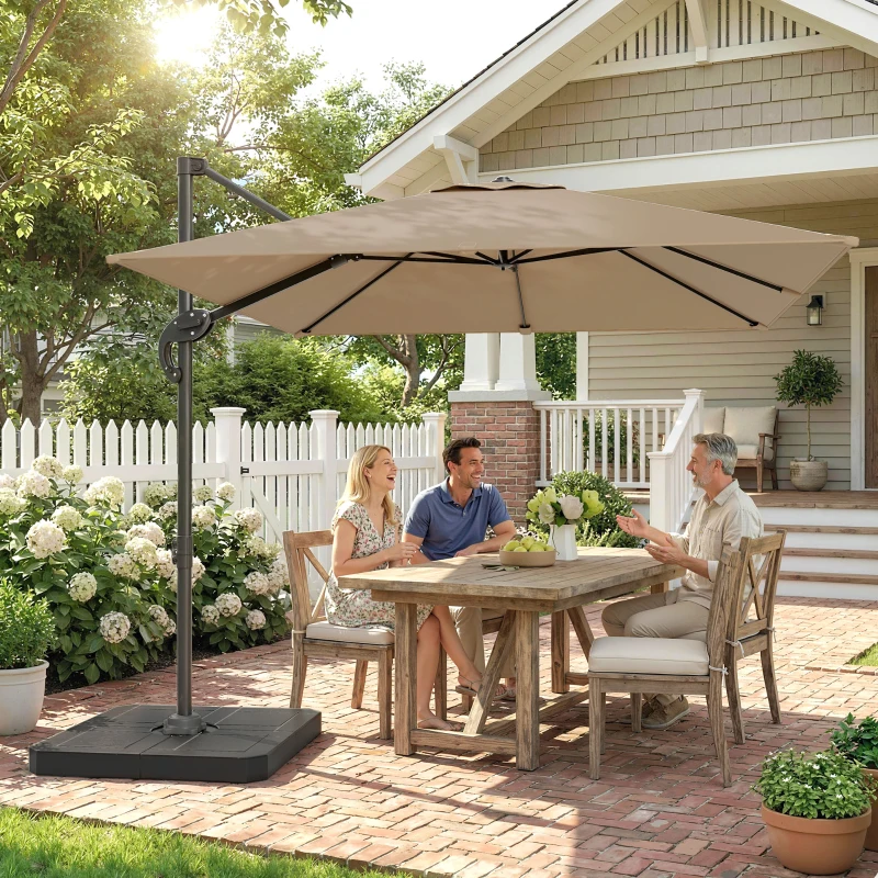 Outsunny 2.4 x 2.4 m Cantilever Parasol with Umbrella Weights, UPF50+ Offset Outdoor Umbrella w/ Easy Tilt Adjustment, Khaki
