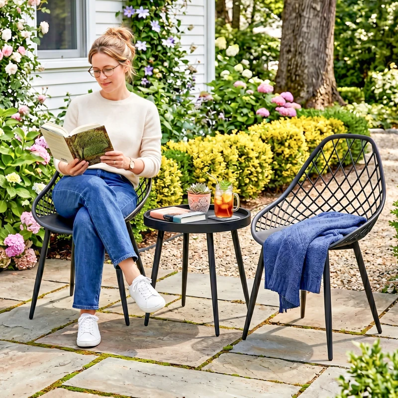 Outsunny 3-Piece Outdoor Bistro Set with 2 Chairs and Round Table for Garden, Balcony, Porch, Black