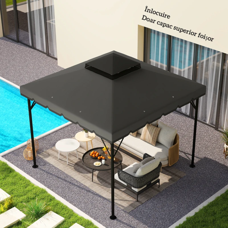 Outsunny Husă pentru Pavilion 3x3 m cu 2 Niveluri și 8 Orificii de Drenaj, din Poliester Gri Deschis și Gri Închis