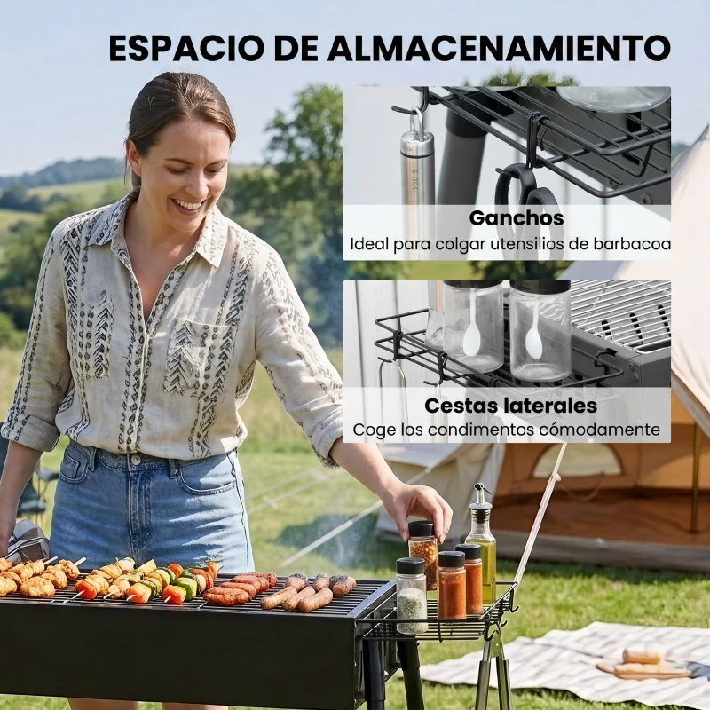 Outsunny Barbacoa de Carbón con 2 Parrillas de Acero Inoxidable Barbacoa Portátil con 2 Especieros para Camping 94x39x70 cm Negro