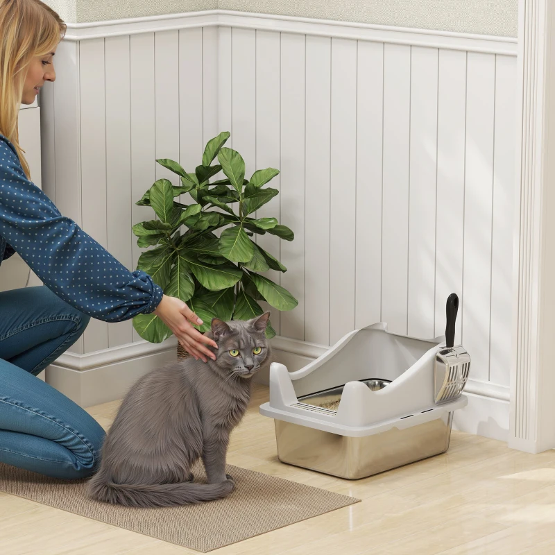 PawHut Bac à litière en acier inoxydable, maison de toilette pour chat, bords hauts, nettoyage facile, 43,1x33,2x25,4cm, gris