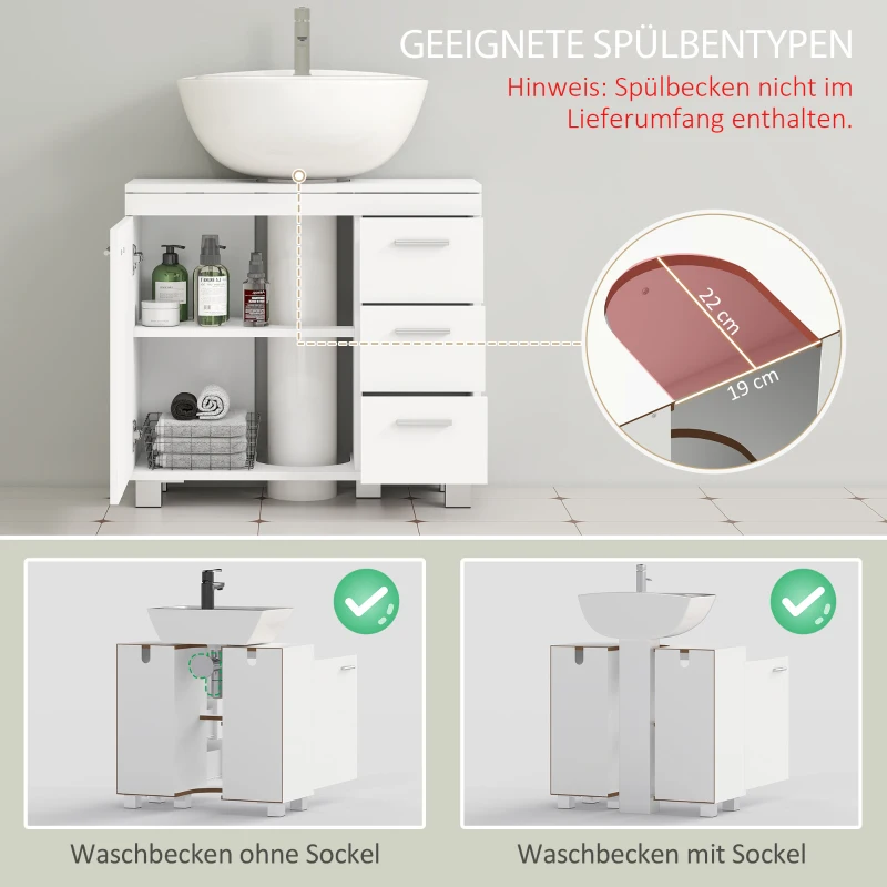 HOMCOM Unterschrank für Waschbecken, 2 Regale, 3 Schubladen, MDF-Struktur, Weiß