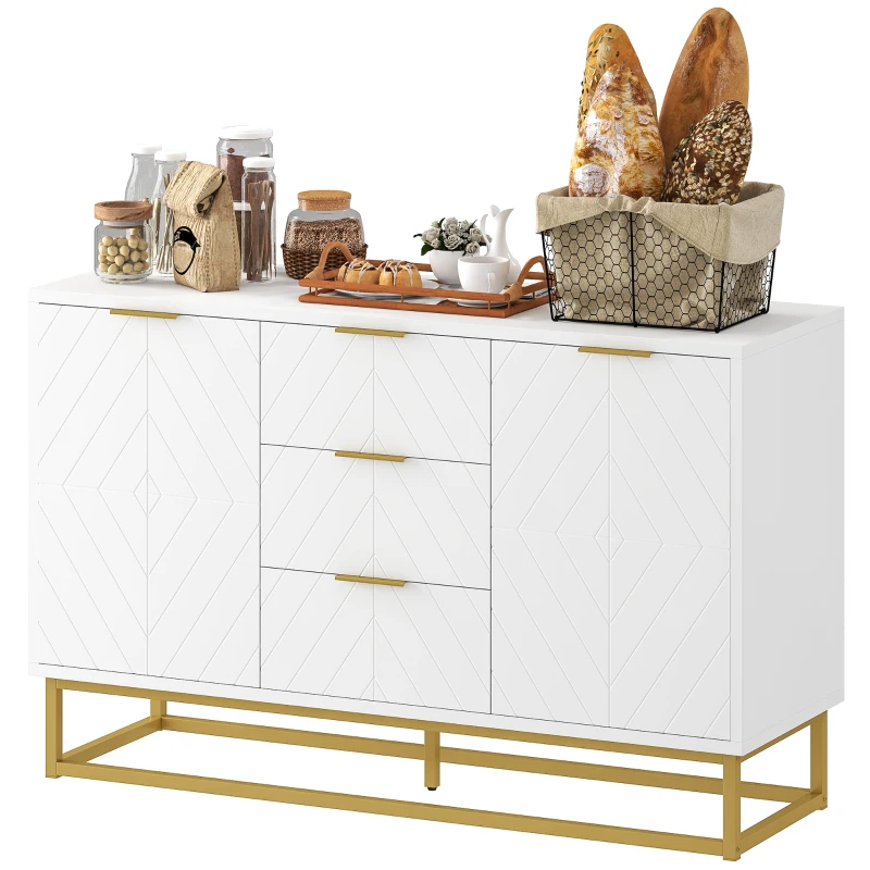 HOMCOM Sideboard Kommode moderner Beistellschrank mit Schränke und Schubladen Goldsockel viel Stauraum Weiß MDF Stahl 120 x 40 x 76 cm