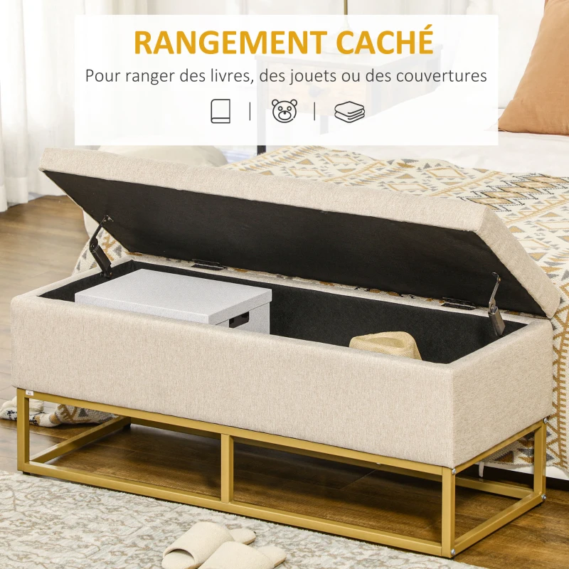 HOMCOM Banc banquette coffre de rangement 2 en 1 assise capitonnée et pieds acier 110 x 44 x 48 cm beige et doré