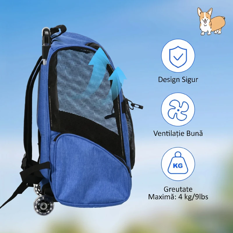 PawHut Rucsac transportabil 2 în 1 pentru câini și pisici cu buzunare și mâner telescopic, 42x25x55cm, albastru