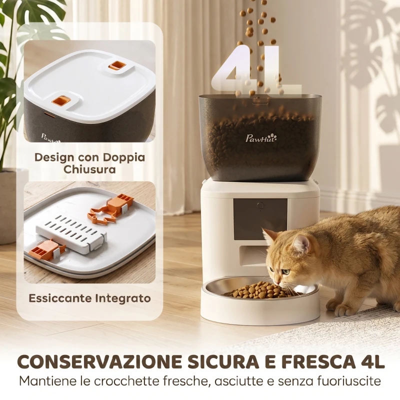 PawHut Distributore Automatico Cibo Gatti 4L WiFi 2.4G, App Controllo con Registratore 10s, Ciotola, Bianco