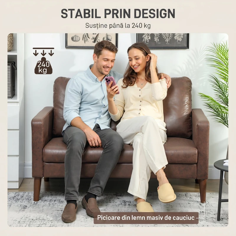 HOMCOM Canapea modernă cu 2 locuri, tapițerie din material textil cu aspect de piele respirabilă și picioare din lemn, 130x78x85 cm, maro închis
