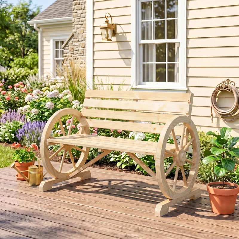 Outsunny Banc de Jardin banc 3 places en bois Style Rustique Chic accoudoirs Roues Charette Bois Sapin effet bois naturel