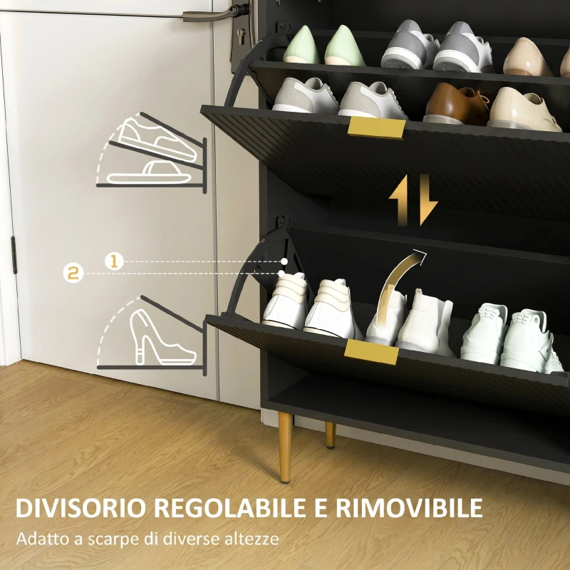 HOMCOM Scarpiera Slim per 12 Paia di Scarpe con 2 Cassetti a Ribalta e Ripiani Regolabili, 60x24x91.5 cm, Nero
