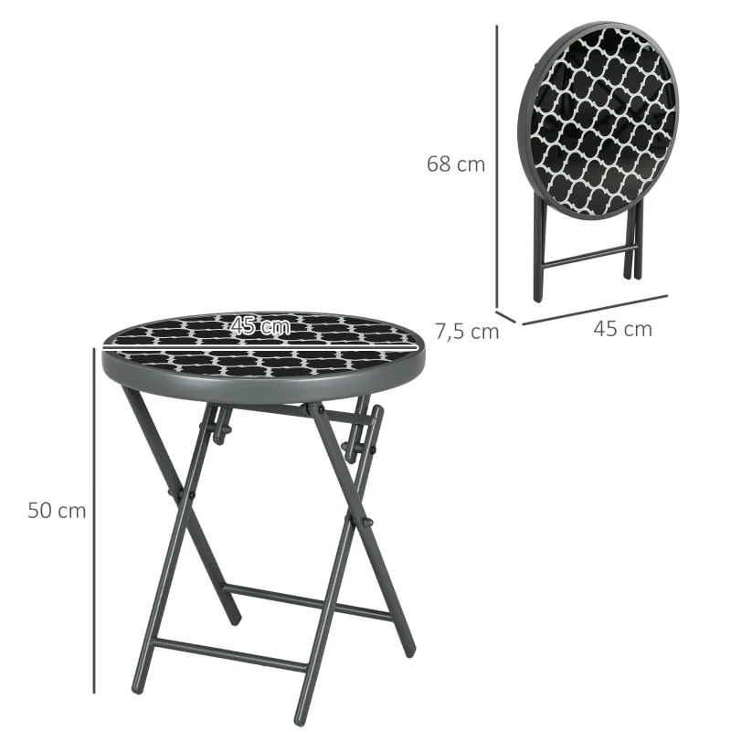 Outsunny Table basse pliante table d'appoint pliante plateau en verre trempé motifs noirs et blancs en métal Ø 45 x 50 cm noir