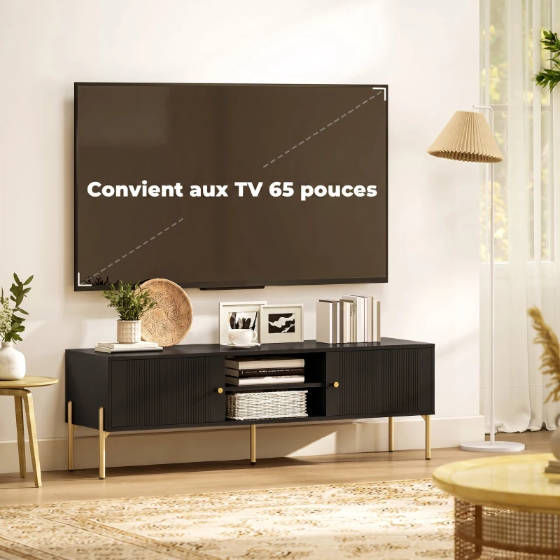 HOMCOM Meuble TV pour Télévision jusqu'à 65", Portes Cannelées, Compartiments Ouverts, Pieds Acier, 140 x 38 x 45,9 cm, Noir