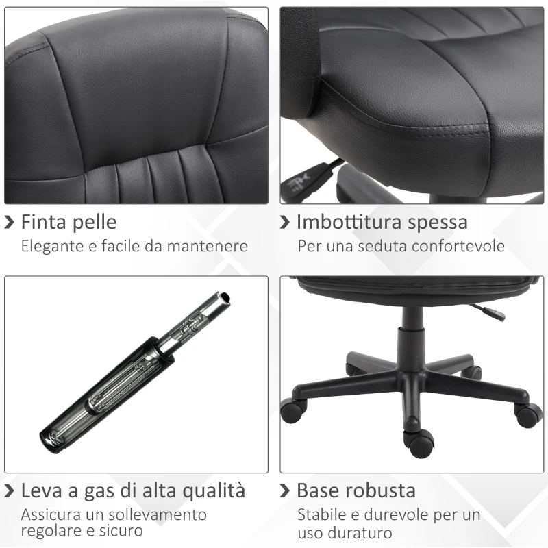 Vinsetto Sedia da Ufficio Ergonomica e Girevole, Poltrona da Ufficio con Altezza Regolabile in Finta pelle 60x60x94-103cm Nero
