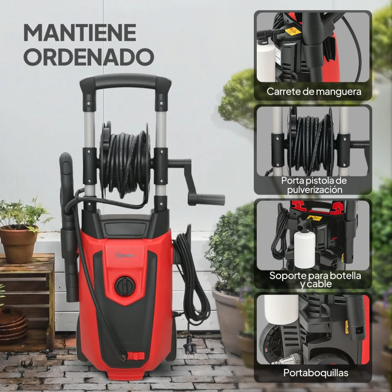 Outsunny Hidrolimpiadora de Alta Presión 1800W con Accesorios Ángulo Ajustable y Parada Automática 30x27,5x76 cm Rojo y Negro