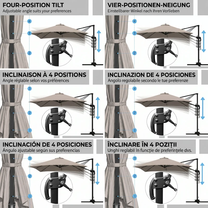 Outsunny Umbrelă de soare 3x3 m suspendată cu 8 spițe, pedală și manivelă, din aluminiu și poliester, culoare kaki