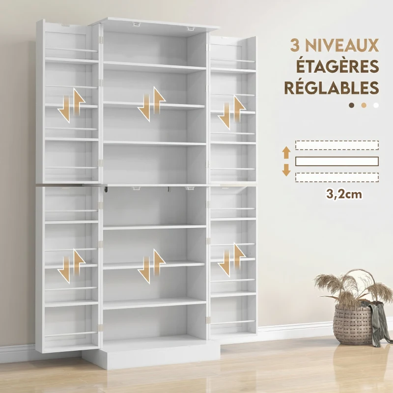 HOMCOM Armoire de cuisine buffet cuisine avec placards, étagère réglable et porte-épices, 60 x 35 x 166 cm, blanc