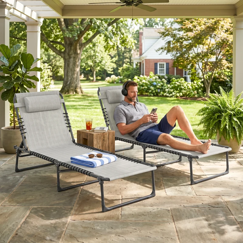 Outsunny Lot de 2 bain de soleil transat pliable dossier inclinable multi-positions acier lacets élastiques textilène crème