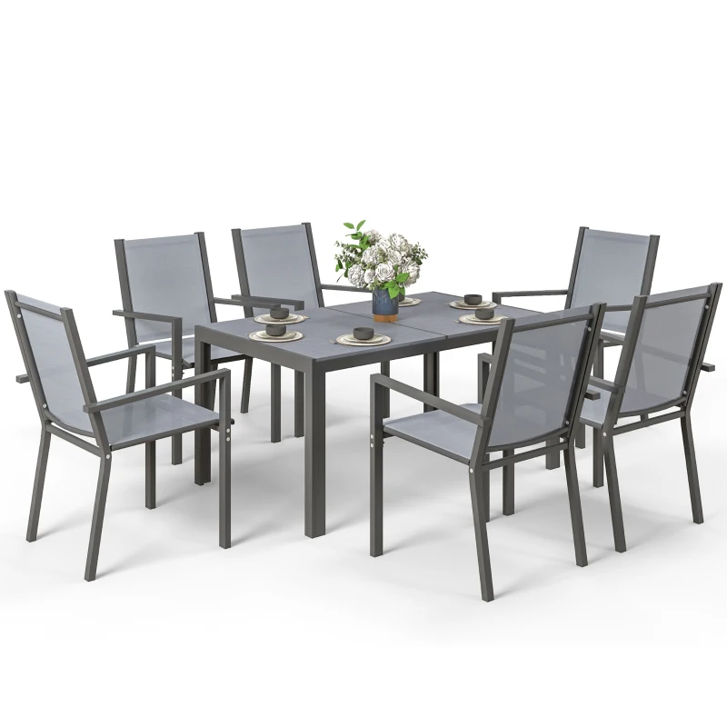 Outsunny Set da Giardino con 6 Sedie Impilabili e Tavolo da Pranzo Rettangolare, Grigio Chiaro