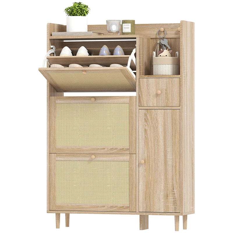 HOMCOM Zapatero con 3 Cajones Abatibles con Frentes de Ratán Cajón y Armario para Decoraciones y Llaves 80x23x120 cm Roble