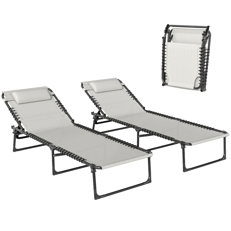 Outsunny Lot de 2 bain de soleil transat pliable dossier inclinable multi-positions acier lacets élastiques textilène crème