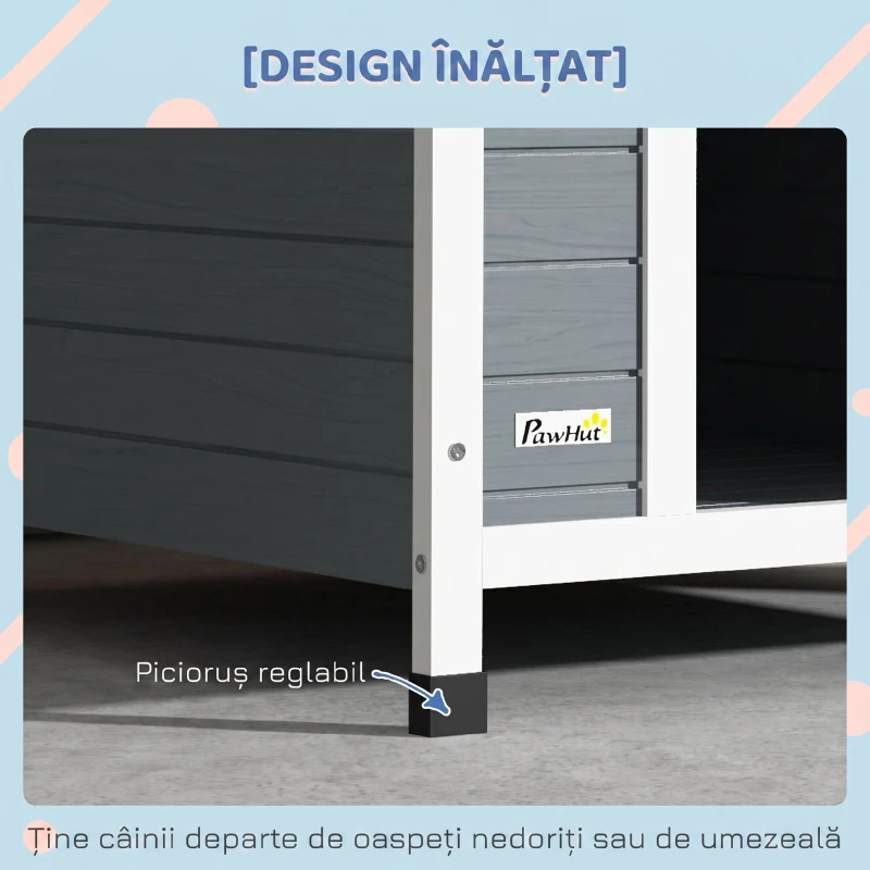 PawHut Cușcă pentru câini din lemn pentru exterior, căsuță pentru câini mari cu podea detașabilă, 84x99x87cm, gri