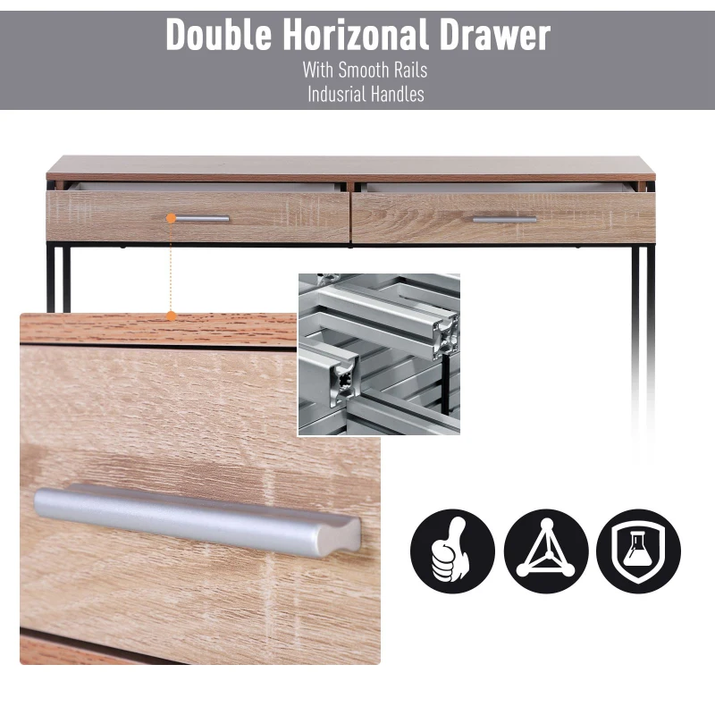 HOMCOM Console Table Worktop Bottom Shelf Home Two Drawer Industrial Minimal Style Oak Wood Tone Effect