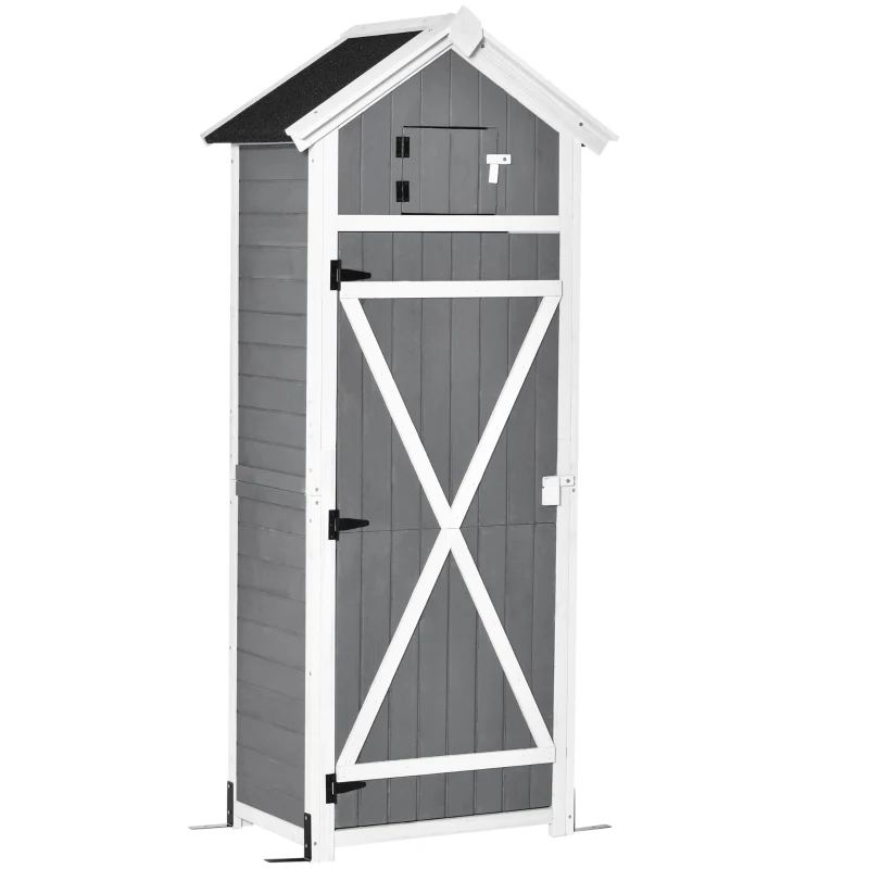 Outsunny Armoire abri de Jardin Remise pour Outils 3 étagères 9 Crochets 2 Porte loquets Toit Pente bitumé Sapin Gris Blanc