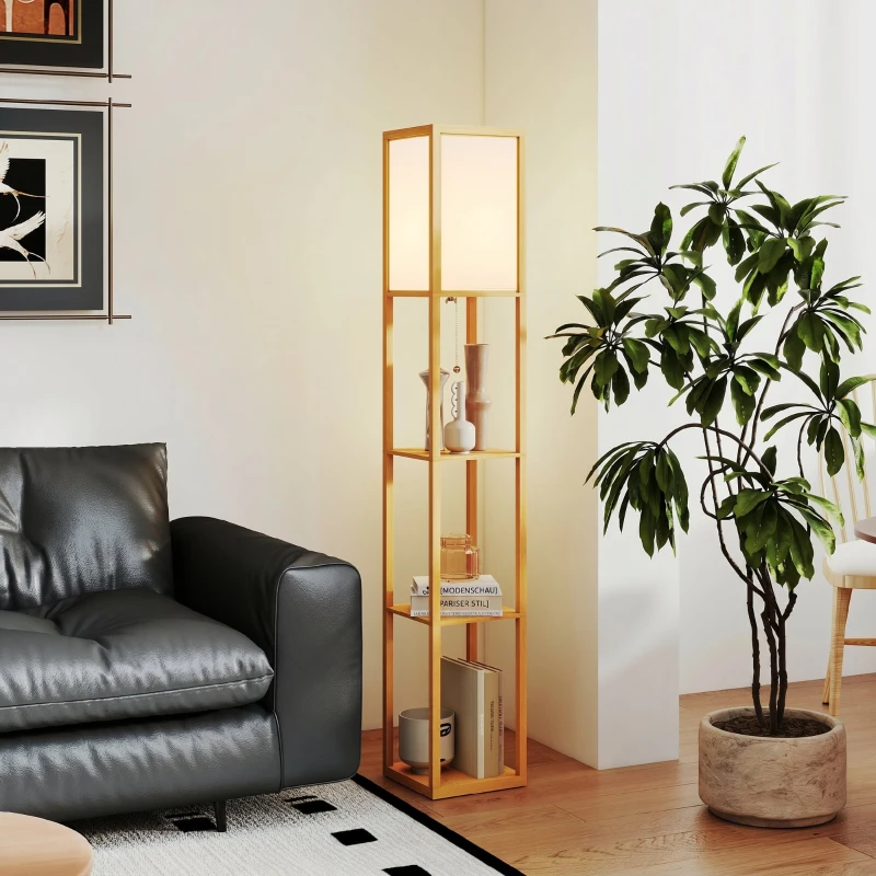 HOMCOM Stehlampe mit 3 Regalen, Stehleuchte mit E27 Fassung, 26 x 26 x 160 cm, für Wohn-/Schlafzimmer (Ohne Glühbirne)