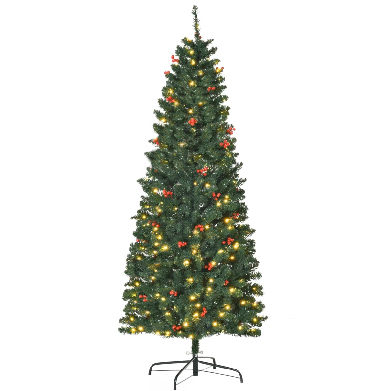 HOMCOM 6FT Prelit Artificial Pencil Christmas Tree with Warm White LED Light, Red Berry, Holiday Home Xmas Decoration, Green