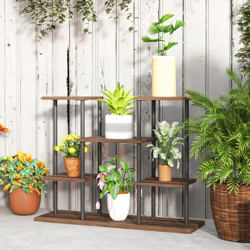 Outsunny Blumenständer mit 4 Ebenen, 4-stufiger Pflanzenständer, Blumentopfhalter für drinnen und draußen, Holz, Stahl