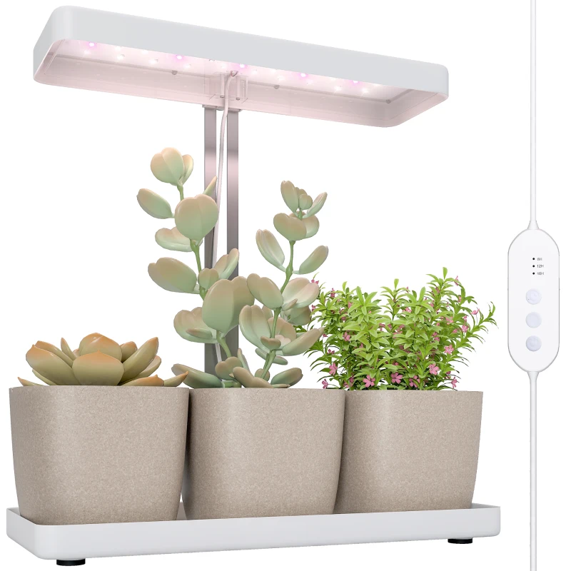 Outsunny Lămpi pentru Plante cu 42 de Lămpi LED, 3 Ghivece, Temporizator și Iluminare Reglabilă, 45x18,8x47,8 cm, Alb