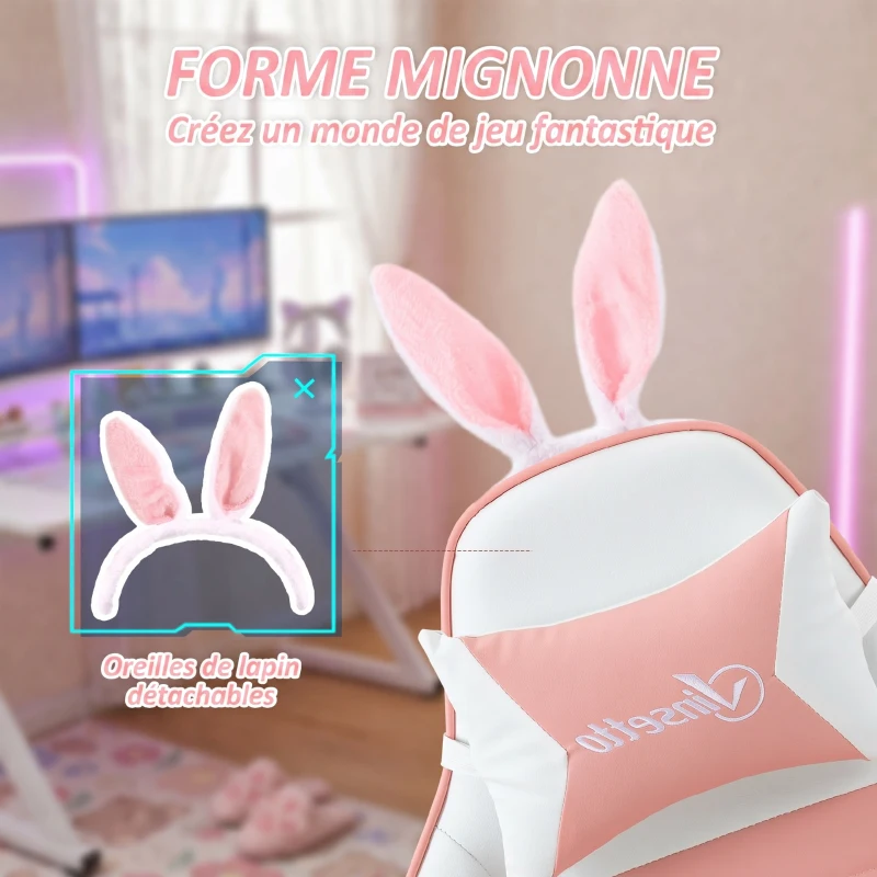 Vinsetto Chaise de gaming avec support lombaire, hauteur réglable, dossier inclinable, oreilles de lapin et appui-tête, rose
